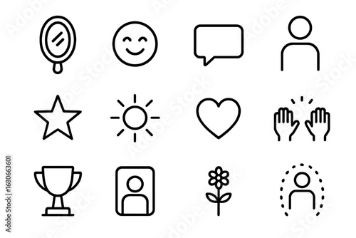 Confidence Icon Set. Outline icon set of Confidence-building activities: mirror, smiling face, speech bubble,