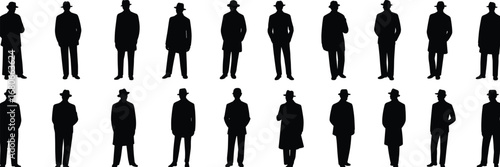 Silhouettes of vintage men wearing hats and coats standing in different poses isolated on white background vector illustration.