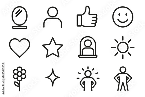 Self-Esteem Icon Set. Outline icon set of Self-esteem growth: mirror, person, thumbs up, smiling face, heart,