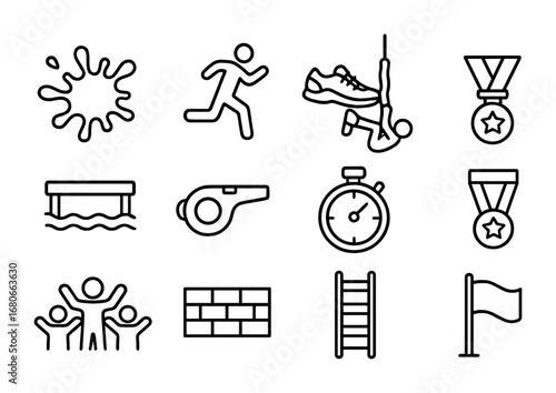 Mud Run Icon Set. Outline icon set of mud run event: mud splash, runner, shoes, rope climb, water obstacle,