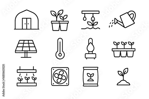 Greenhouse Icon Set. Outline icon set of Greenhouse farming: greenhouse, plant pots, drip irrigation, watering