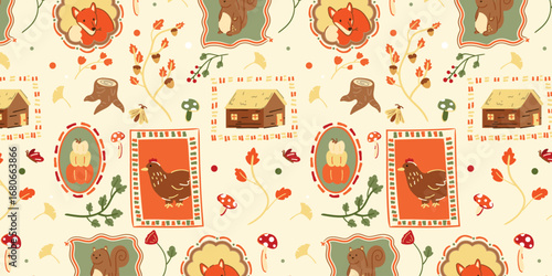Autumn season seamless pattern background vector. Fall harvest wallpaper with pumpkin, chicken, fox, squirrel, house, frame. Design for print, cover, fabric, packaging, wall art, home decor. 