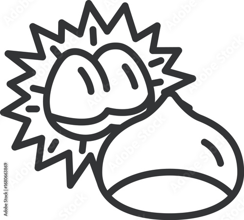 殻に包まれた、栗のアイコン（線画）のイラスト