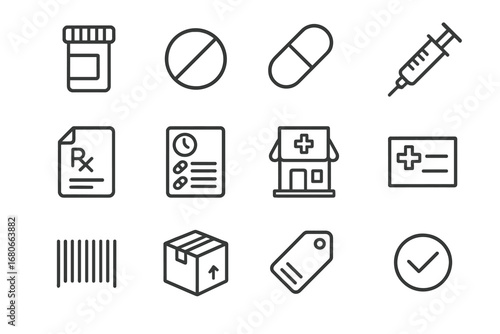 Prescription Icon Set. Outline icon set of Prescription management: pill bottle, tablet, capsule, syringe,