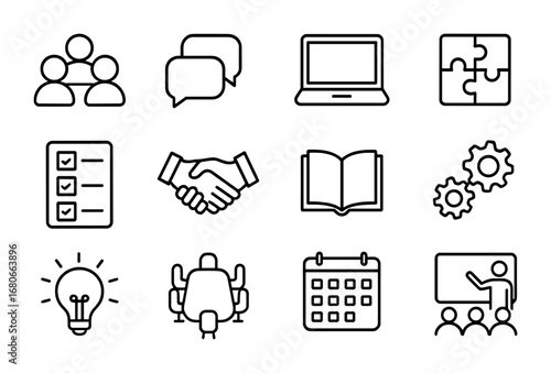 Collaborative Learning Icons. Outline icon set of collaborative learning: student group, chat bubbles, laptop,
