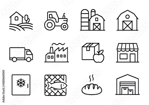 Food Supply Icons. Outline icon set of food supply chain: farm, tractor, silo, barn, delivery truck, factory,