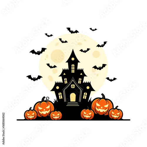 Halloween illustration with haunted house, pumpkins, and bats on a white background