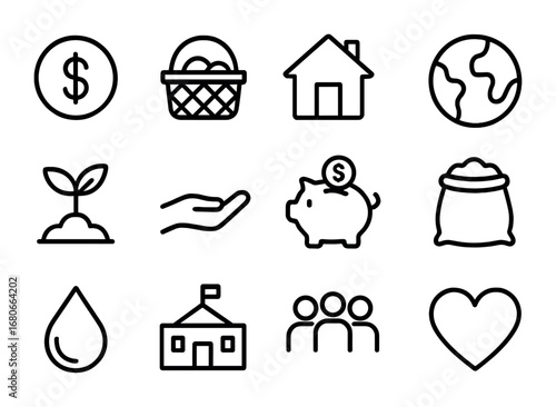 Poverty Reduction Icons. Outline icon set of poverty reduction: coin, basket, house, globe, plant, hand