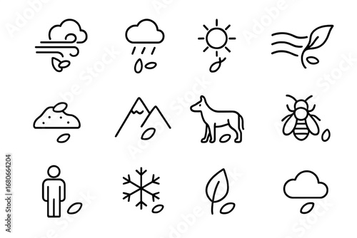 Seed Spread Icons. Outline icon set of Environmental factors in seed spread: wind, rain, sun, river, soil,