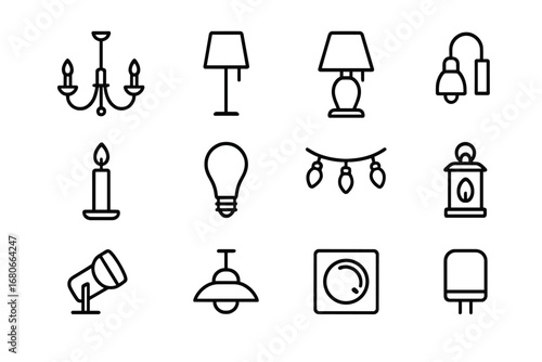 Lighting Icon Grid. Outline icon set of Lighting and ambiance: chandelier, floor lamp, table lamp, wall lamp,