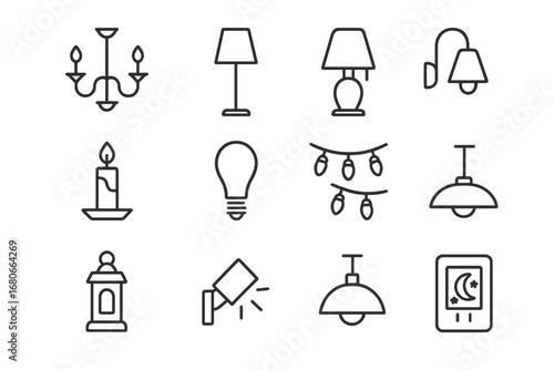 Lighting Icon Grid. Outline icon set of Lighting and ambiance: chandelier, floor lamp, table lamp, wall lamp,
