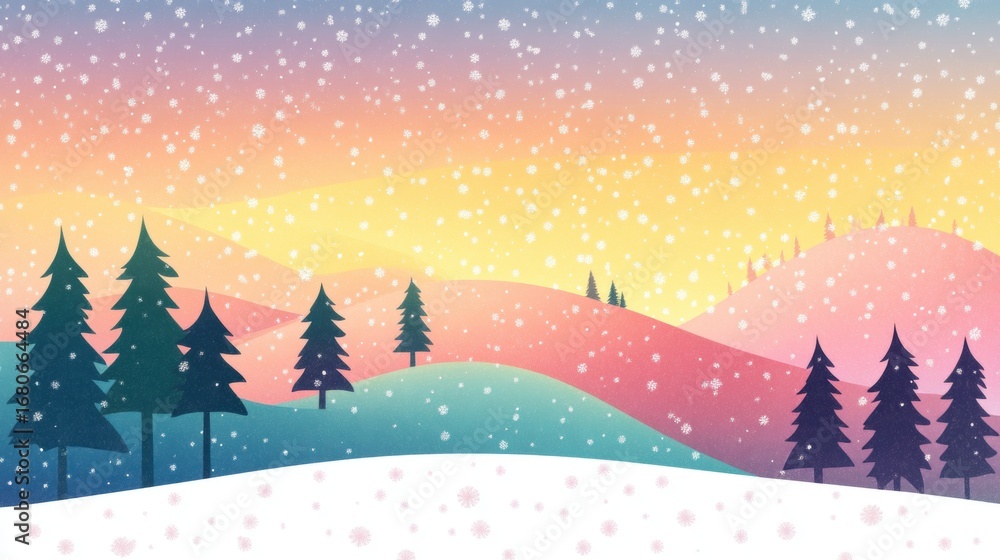 Naklejka premium Winter landscape with colorful hills and falling snow at sunset