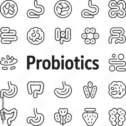 Probiotics and Gut Health Icons with Microorganism Illustrations digestion stomach