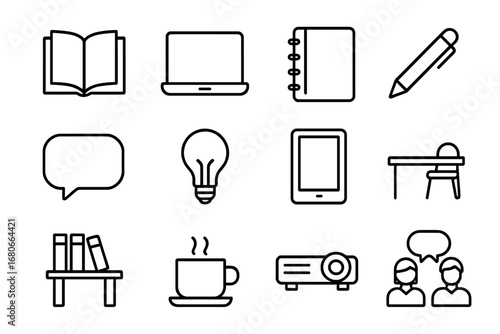 Knowledge Sharing Icons. Outline icon set of Knowledge sharing at work: book, laptop, notebook, pen, speech