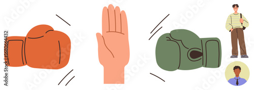 Red and green boxing gloves facing each other, separated by a neutral raised hand. Two diverse individuals stand nearby. Ideal for communication, negotiation, conflict prevention, mediation