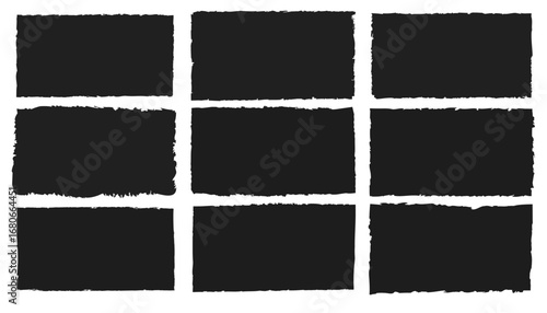 Set of black torn paper shapes with jagged edges. Ripped rectangle frames, grunge textured elements for collage, sticker, banner, text box. Vector silhouettes isolated on white background