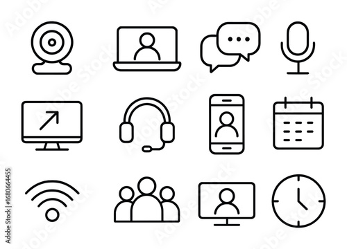 Video Conferencing Icons. Outline icon set of video conferencing: webcam, laptop, chat bubble, microphone,
