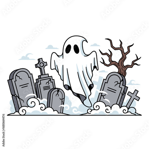 Cartoon illustration of a ghost hovering over a graveyard with tombstones and a bare tree on a white background.