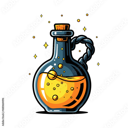 Cartoon illustration of a potion bottle with a cork stopper and a braided handle, filled with a bubbling golden liquid