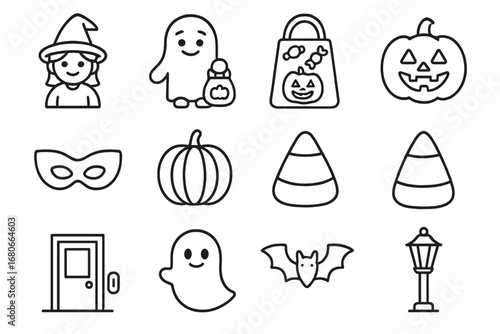 Halloween Icon Set. Outline icon set of Trick-or-treating fun: children, costumes, candy bag, jack-o-lantern,