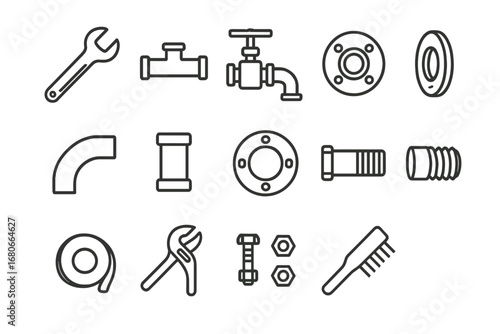 Industrial Piping Icons. Outline icon set of Industrial piping maintenance: wrench, pipe, valve, flange, elbow