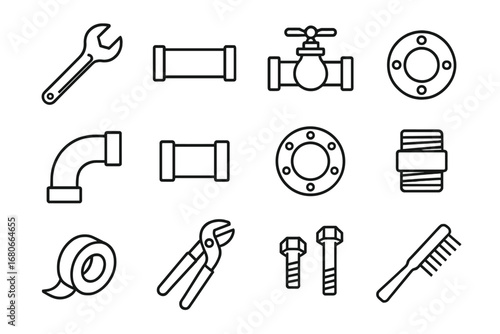 Industrial Piping Icons. Outline icon set of Industrial piping maintenance: wrench, pipe, valve, flange, elbow