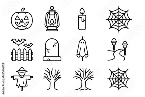 Halloween Icon Set. Outline icon set of Outdoor Halloween setup: pumpkin, lantern, candle, spider web, bats,