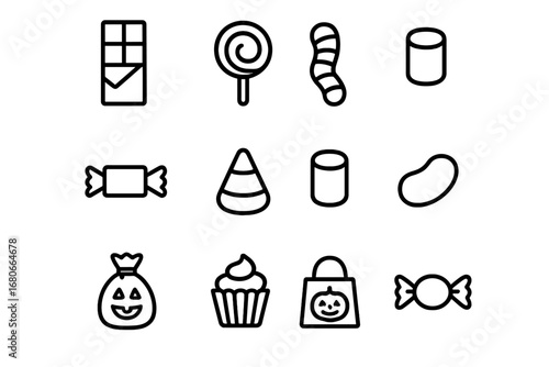Halloween Candy Icons. Outline icon set of Halloween candy types: chocolate bar, lollipop, gummy worm, caramel