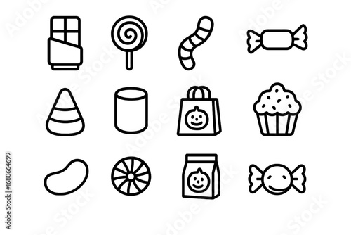 Halloween Candy Icons. Outline icon set of Halloween candy types: chocolate bar, lollipop, gummy worm, caramel