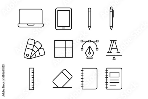 Graphic Design Tools Icons. Outline icon set of Graphic design tools: laptop, tablet, stylus, digital pen,