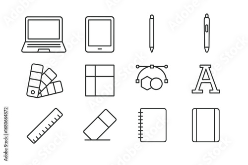 Graphic Design Tools Icons. Outline icon set of Graphic design tools: laptop, tablet, stylus, digital pen,