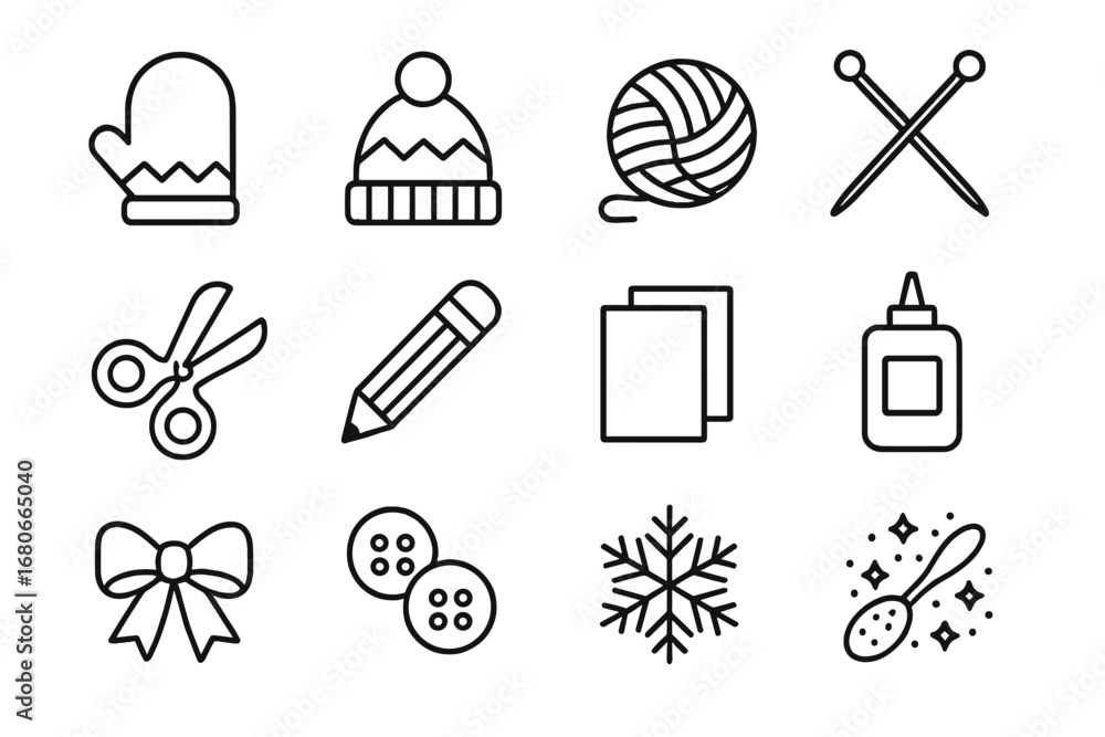 Fototapeta premium Winter Craft Icons. Outline icon set of Winter hat and mitten designs: mitten, hat, yarn, knitting needles,