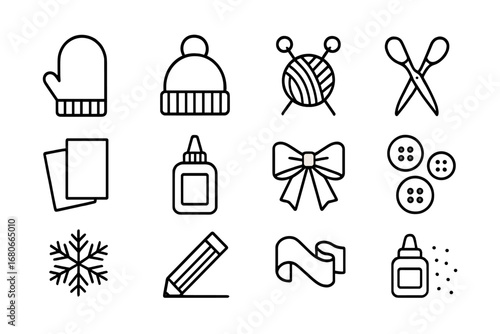 Winter Craft Icons. Outline icon set of Winter hat and mitten designs: mitten, hat, yarn, knitting needles,