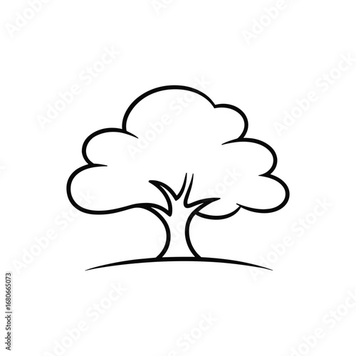 Simple sketchy tree icon with lush canopy standing on green hillside