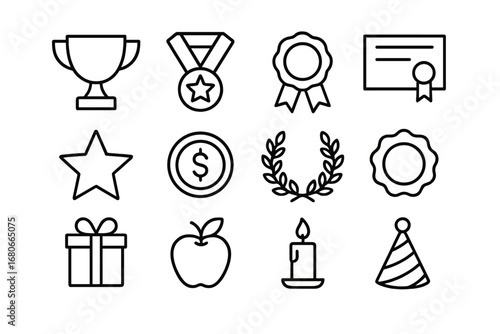 Reward Icons Collection. Outline icon set of Rewarding achievements: trophy, medal, ribbon, certificate, star,
