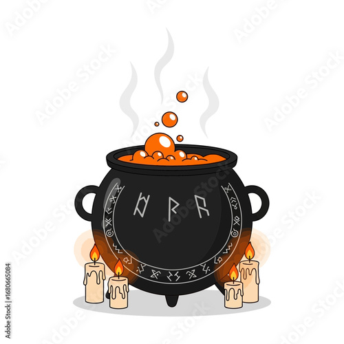 Digital illustration of a black cauldron with orange bubbling liquid, candles, and steam, isolated on white background