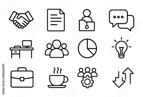 Workplace Collaboration Icons. Outline icon set of workplace collaboration: handshake, document, shared folder