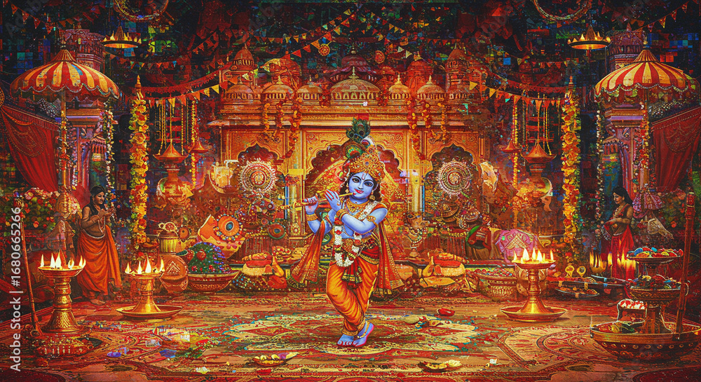 Fototapeta premium Krishna Playing Flute in Ornate Temple Interior