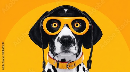 Dalmation dog wearing quirky yellow glasses against bright orange background enjoys a playful moment of silliness and fun