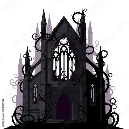 Gothic church illustration with thorny vines and dark shadows on a white background, vector art