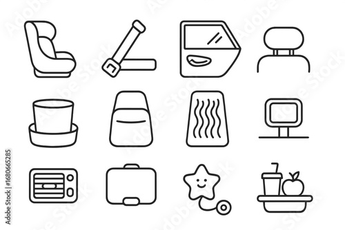 Family Car Icons. Outline icon set of Family car interior from back seat: child seat, seatbelt, window, door