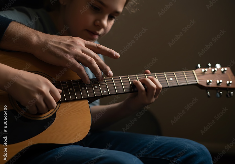 Obraz premium Child learning acoustic guitar