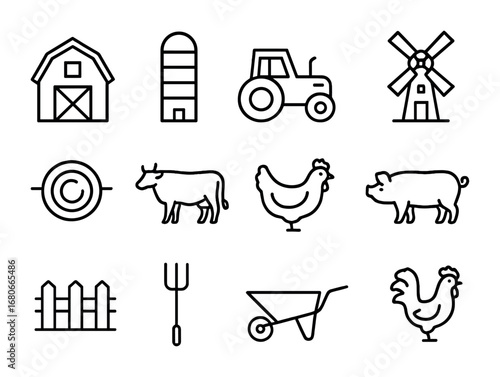 Barnyard Icon Set. Outline icon set of barnyard scenery: barn, silo, tractor, windmill, hay bale, cow, chicken