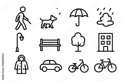 Rainy Day Icons. Outline icon set of Rainy day dog walk: person, dog, umbrella, puddle, sidewalk, streetlamp,
