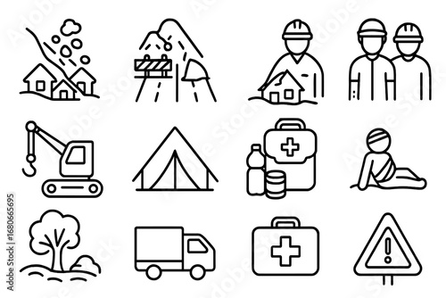 Landslide Disaster Icons. Outline icon set of Landslide disaster: mudslide, blocked road, damaged house,
