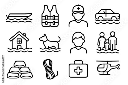 Flood Rescue Icons. Outline icon set of Flood rescue operations: rescue boat, life jacket, volunteer,