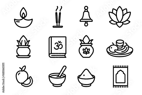 Diwali Puja Icons. Outline icon set of Diwali puja items: diya, incense stick, bell, flower, coconut, holy