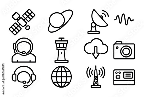 Space Communication Icons. Outline icon set of space communication systems: satellite, orbit line, radar dish,