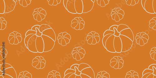 Autumn season seamless pattern background vector. Fall harvest wallpaper with pumpkin line art. Design for print, cover, fabric, packaging, wall art, home decor. 