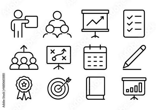 Leadership Icon Set. Outline icon set of leadership workshops: teacher, students, projector screen, checklist,
